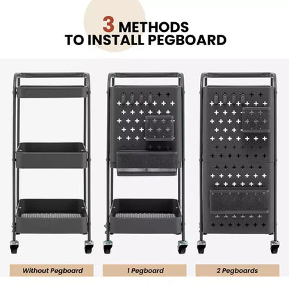 Costway Chariot de Rangement Roulant à 3 Niveaux avec Double Panneau Perforé DIY, Chariot de Service en Métal Mobile sur Roues pour Cuisine, Bureau