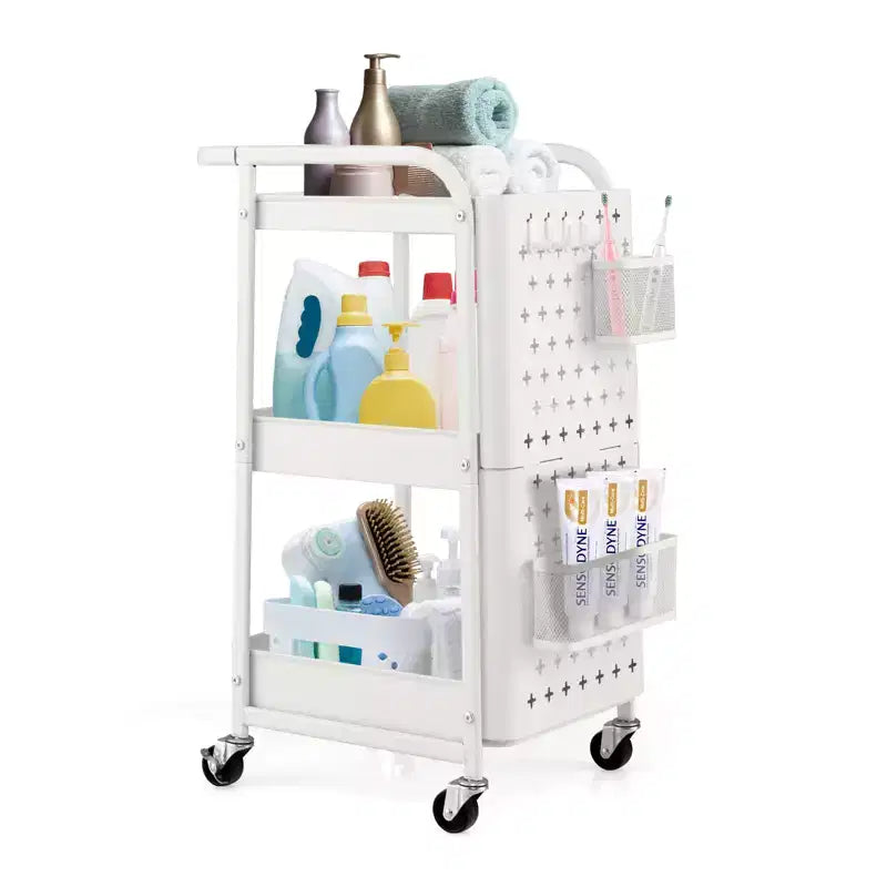 Costway Chariot de Rangement Roulant à 3 Niveaux avec Double Panneau Perforé DIY, Chariot de Service en Métal Mobile sur Roues pour Cuisine, Bureau