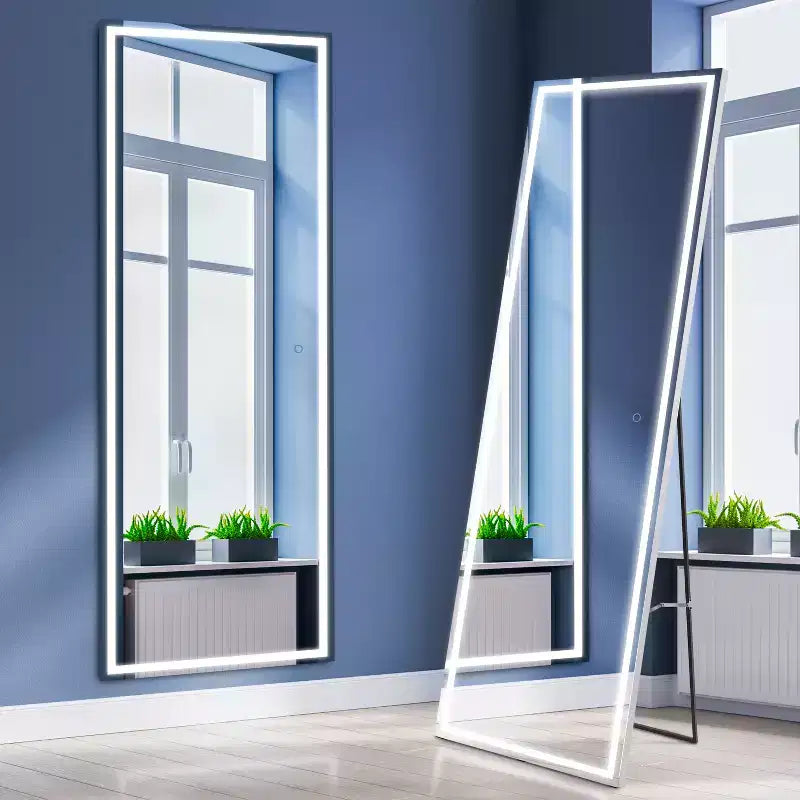 Soraya 65 x 22 Miroir pleine longueur sans cadre en aluminium antibuée, avec prise/câblage, éclairage frontal LED tricolore, sur pied/à suspendre avec commande tactile - JONATHAN Y