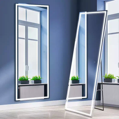 Soraya 65 x 22 Miroir pleine longueur sans cadre en aluminium antibuée, avec prise/câblage, éclairage frontal LED tricolore, sur pied/à suspendre avec commande tactile - JONATHAN Y