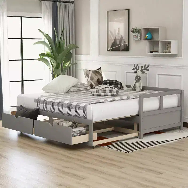 Lit de repos extensible en bois avec lit gigogne et deux tiroirs de rangement-ModernLuxe