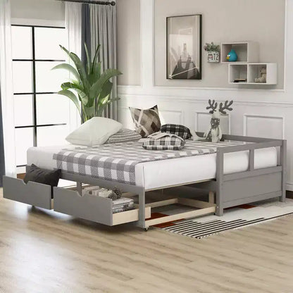 Lit de repos extensible en bois avec lit gigogne et deux tiroirs de rangement-ModernLuxe