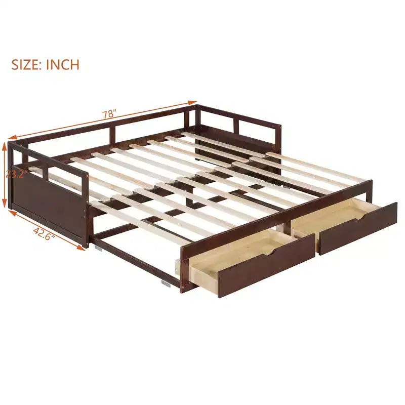 Lit de repos extensible en bois avec lit gigogne et deux tiroirs de rangement-ModernLuxe