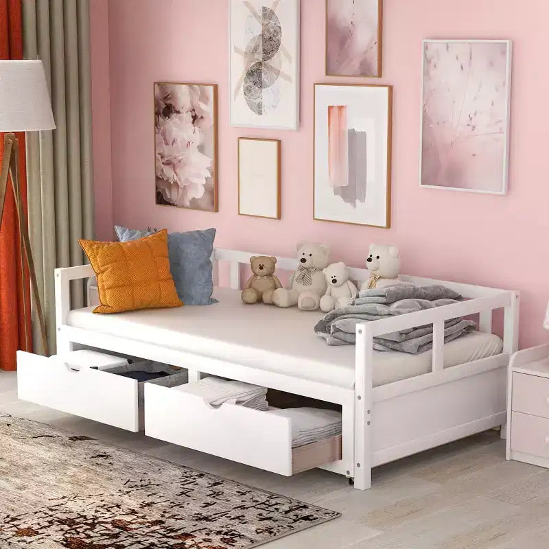 Lit de repos extensible en bois avec lit gigogne et deux tiroirs de rangement-ModernLuxe