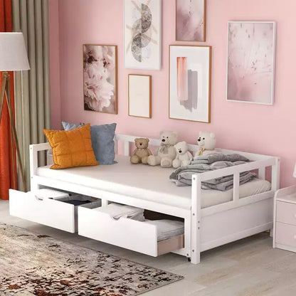 Lit de repos extensible en bois avec lit gigogne et deux tiroirs de rangement-ModernLuxe