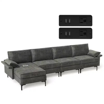 Canapé d'angle modulable moderne Costway en forme de L avec méridienne réversible et 4 ports USB