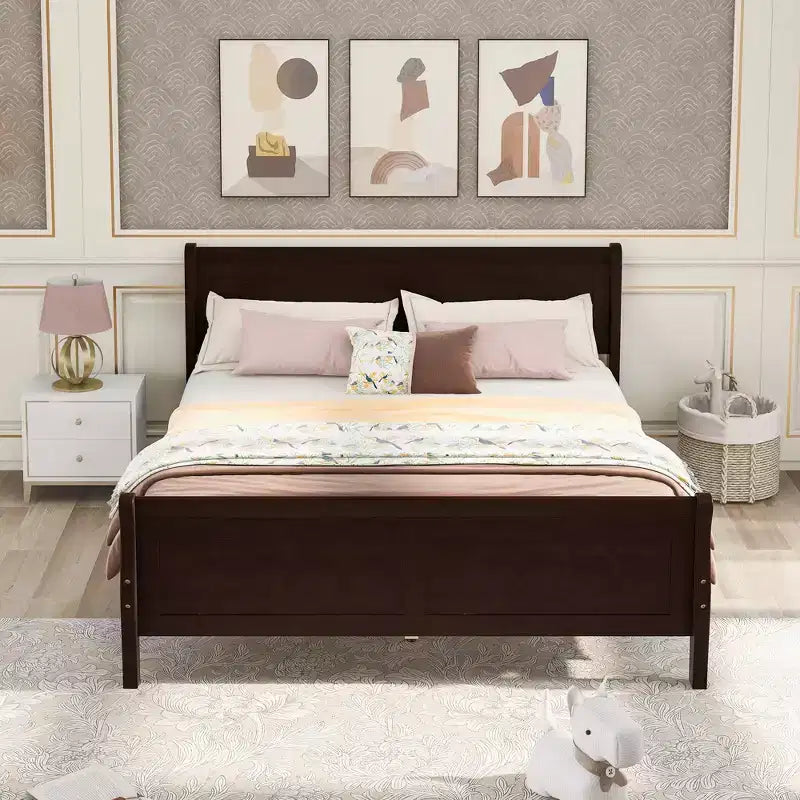 Lit plateforme double en bois avec tête de lit et support à lattes en bois - ModernLuxe
