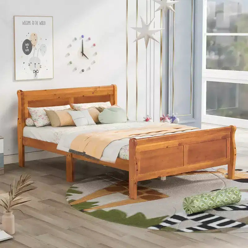 Lit plateforme double en bois avec tête de lit et support à lattes en bois - ModernLuxe