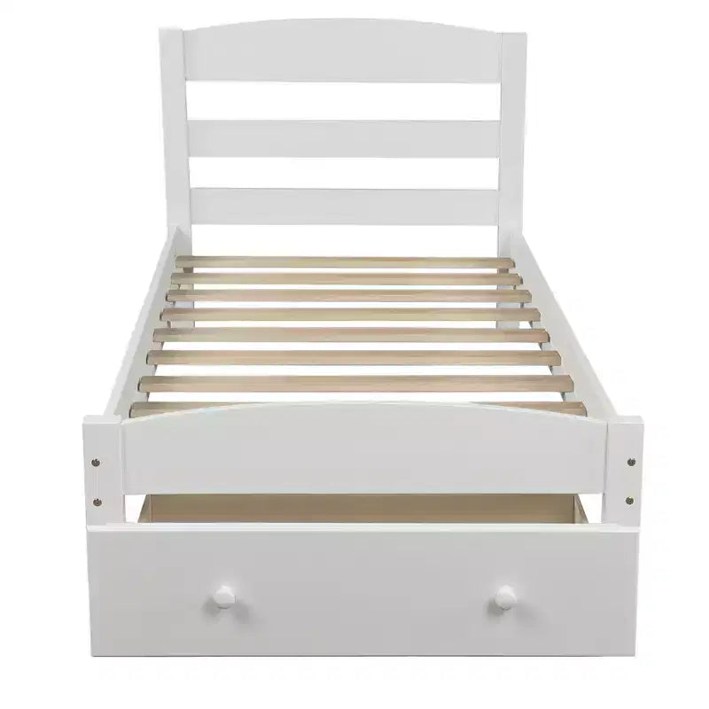 Cadre de lit plateforme en bois pour lit jumeau avec tiroir de rangement et support à lattes - ModernLuxe