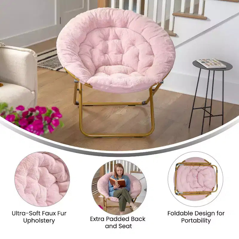 Chaise soucoupe pliante surdimensionnée Emma et Oliver avec coussin confortable en fausse fourrure et cadre en métal pour dortoirs, chambres, appartements et plus encore