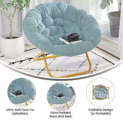 Chaise soucoupe pliante surdimensionnée Emma et Oliver avec coussin confortable en fausse fourrure et cadre en métal pour dortoirs, chambres, appartements et plus encore