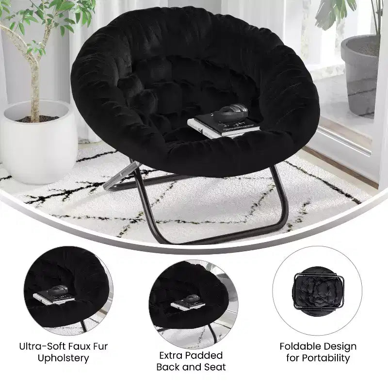 Chaise soucoupe pliante surdimensionnée Emma et Oliver avec coussin confortable en fausse fourrure et cadre en métal pour dortoirs, chambres, appartements et plus encore