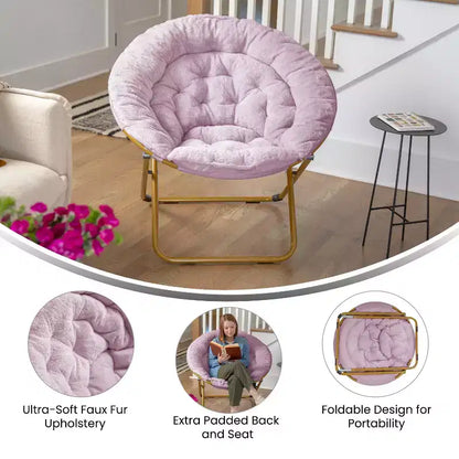 Chaise soucoupe pliante surdimensionnée Emma et Oliver avec coussin confortable en fausse fourrure et cadre en métal pour dortoirs, chambres, appartements et plus encore