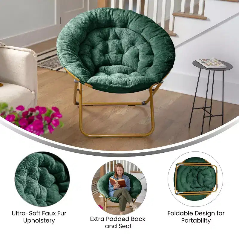 Chaise soucoupe pliante surdimensionnée Emma et Oliver avec coussin confortable en fausse fourrure et cadre en métal pour dortoirs, chambres, appartements et plus encore