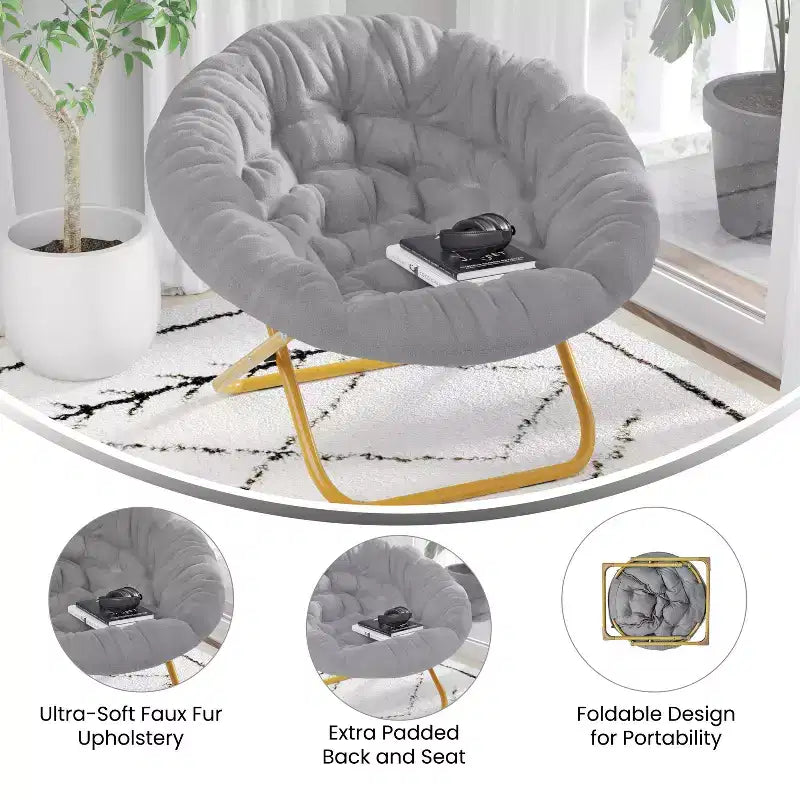 Chaise soucoupe pliante surdimensionnée Emma et Oliver avec coussin confortable en fausse fourrure et cadre en métal pour dortoirs, chambres, appartements et plus encore