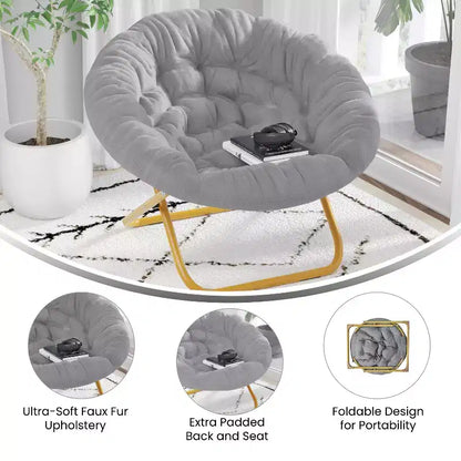 Chaise soucoupe pliante surdimensionnée Emma et Oliver avec coussin confortable en fausse fourrure et cadre en métal pour dortoirs, chambres, appartements et plus encore