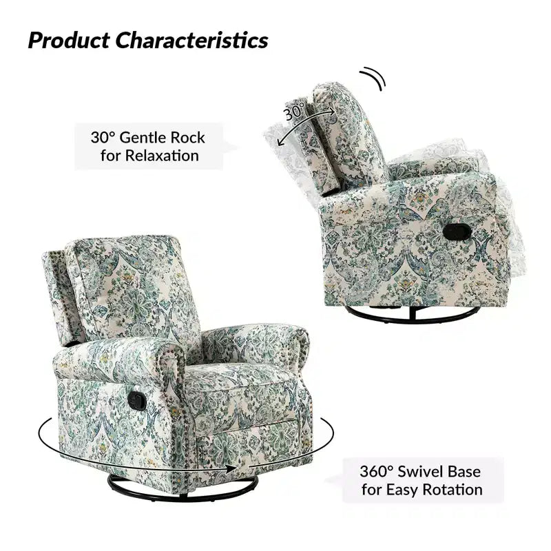 Fauteuil inclinable pivotant et coulissant manuel traditionnel-normal Pablo avec garnitures de clous pour le salon | KARAT HOME
