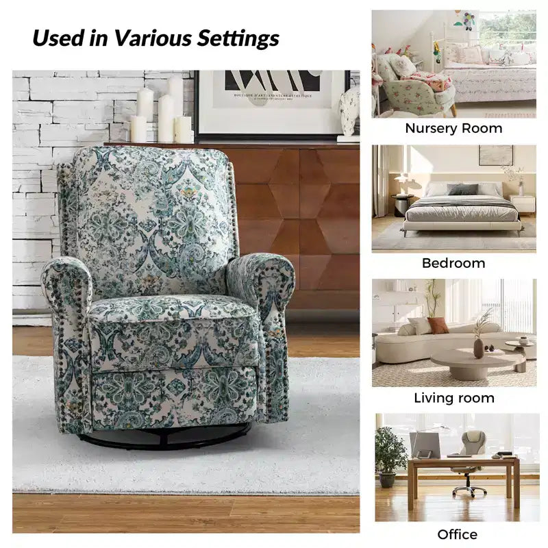 Fauteuil inclinable pivotant et coulissant manuel traditionnel-normal Pablo avec garnitures de clous pour le salon | KARAT HOME
