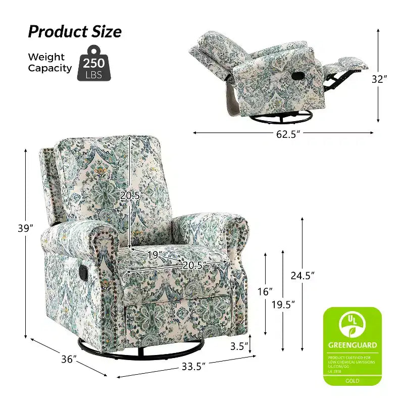 Fauteuil inclinable pivotant et coulissant manuel traditionnel-normal Pablo avec garnitures de clous pour le salon | KARAT HOME