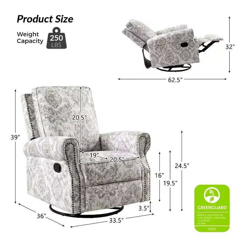 Fauteuil inclinable pivotant et coulissant manuel traditionnel-normal Pablo avec garnitures de clous pour le salon | KARAT HOME