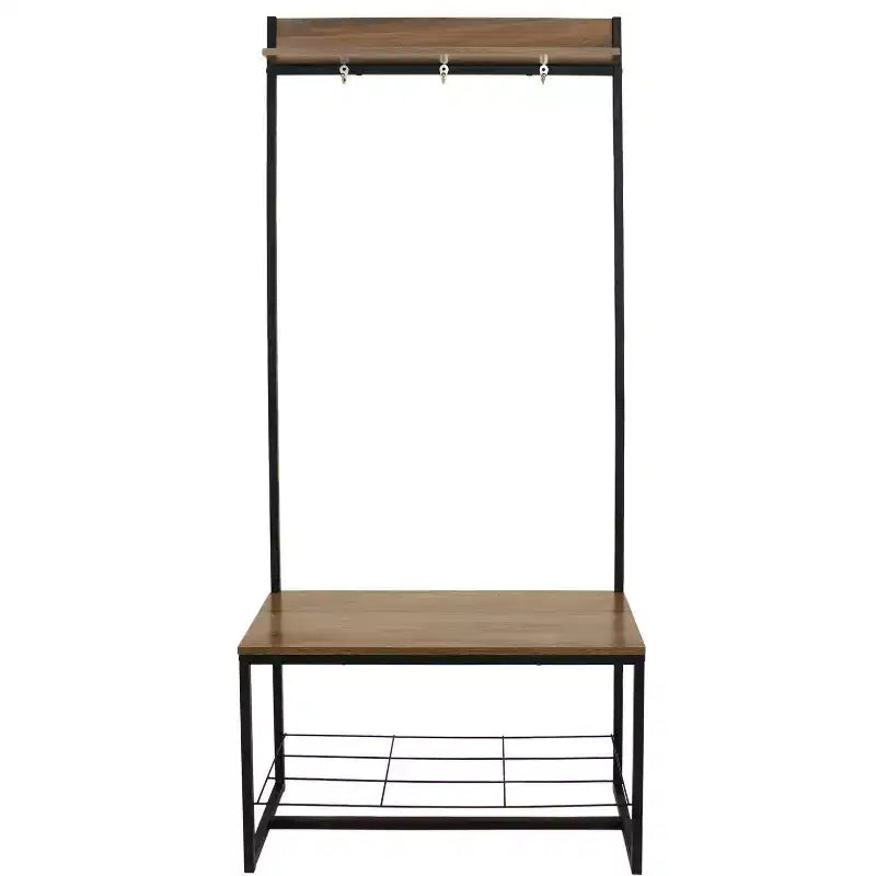 Banc-vestiaire de style industriel Sunnydaze pour intérieur, avec porte-manteau et étagère à chaussures – Étagères en panneaux de particules avec cadre en acier thermolaqué – Marron – 170 cm