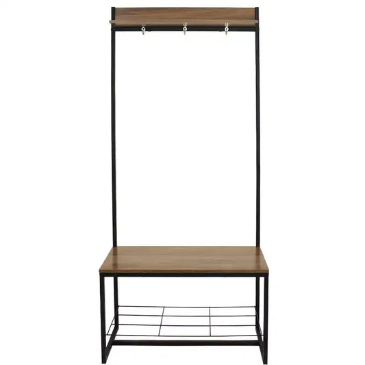 Banc-vestiaire de style industriel Sunnydaze pour intérieur, avec porte-manteau et étagère à chaussures – Étagères en panneaux de particules avec cadre en acier thermolaqué – Marron – 170 cm