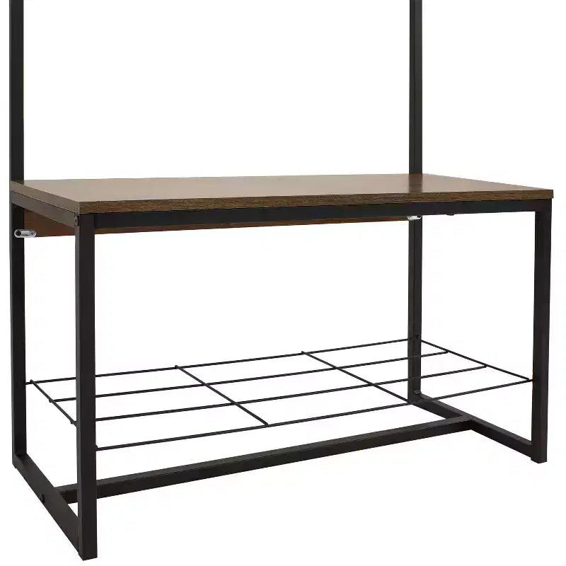Banc-vestiaire de style industriel Sunnydaze pour intérieur, avec porte-manteau et étagère à chaussures – Étagères en panneaux de particules avec cadre en acier thermolaqué – Marron – 170 cm