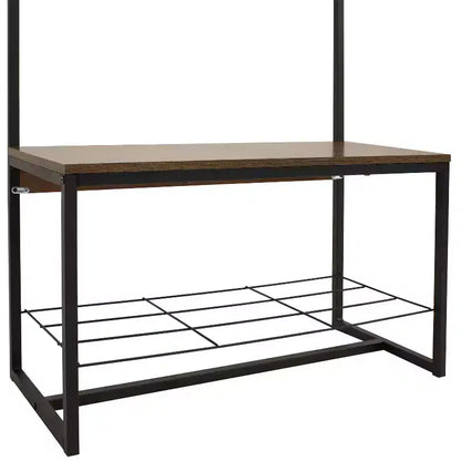 Banc-vestiaire de style industriel Sunnydaze pour intérieur, avec porte-manteau et étagère à chaussures – Étagères en panneaux de particules avec cadre en acier thermolaqué – Marron – 170 cm