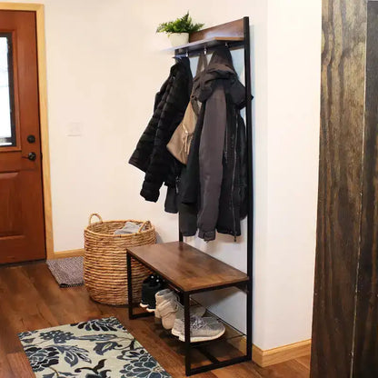 Banc-vestiaire de style industriel Sunnydaze pour intérieur, avec porte-manteau et étagère à chaussures – Étagères en panneaux de particules avec cadre en acier thermolaqué – Marron – 170 cm