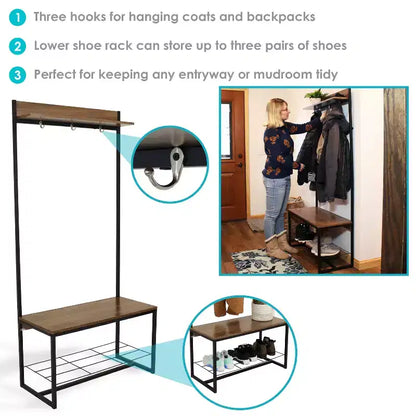 Banc-vestiaire de style industriel Sunnydaze pour intérieur, avec porte-manteau et étagère à chaussures – Étagères en panneaux de particules avec cadre en acier thermolaqué – Marron – 170 cm