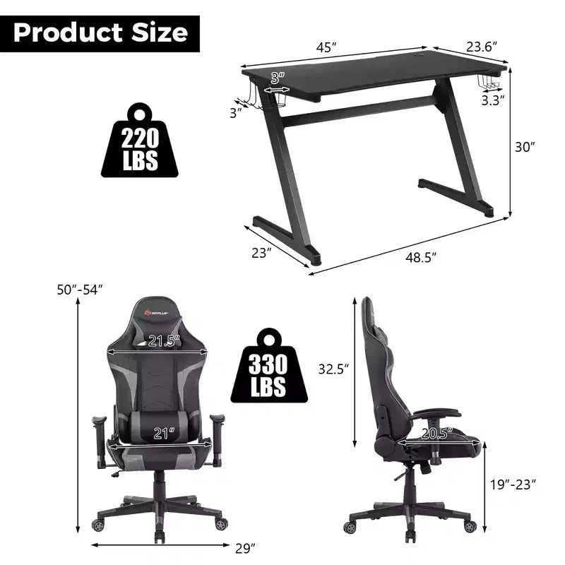 Ensemble de bureau en forme de Z et chaise de jeu de massage de style course Costway pour bureau à domicile