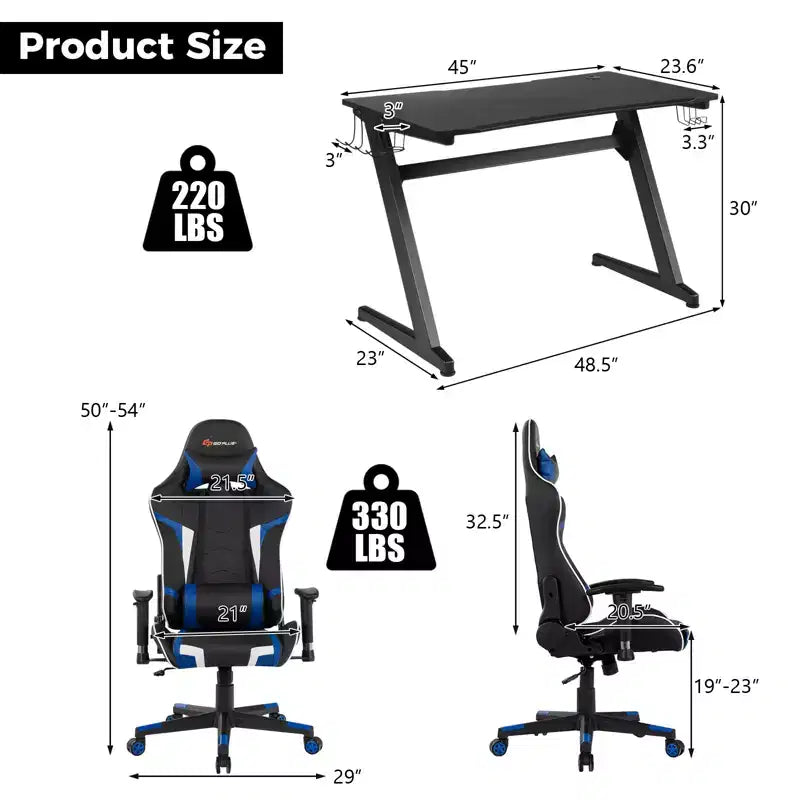 Ensemble de bureau en forme de Z et chaise de jeu de massage de style course Costway pour bureau à domicile