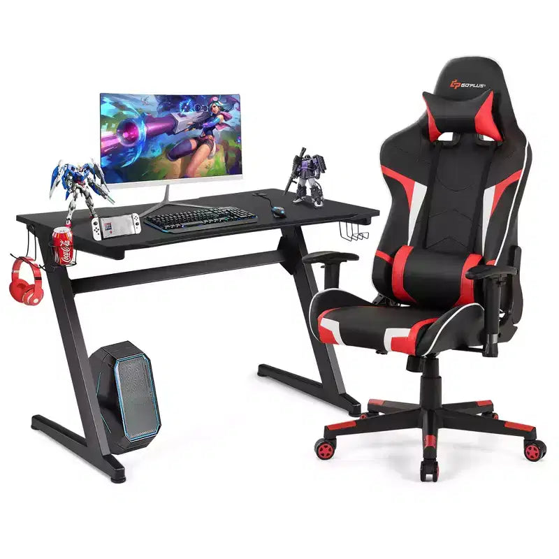 Ensemble de bureau en forme de Z et chaise de jeu de massage de style course Costway pour bureau à domicile