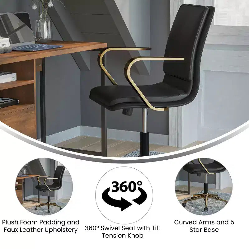 Chaise de bureau Merrick Lane à dossier mi-hauteur avec accoudoirs, siège pivotant réglable en hauteur et base cinq étoiles