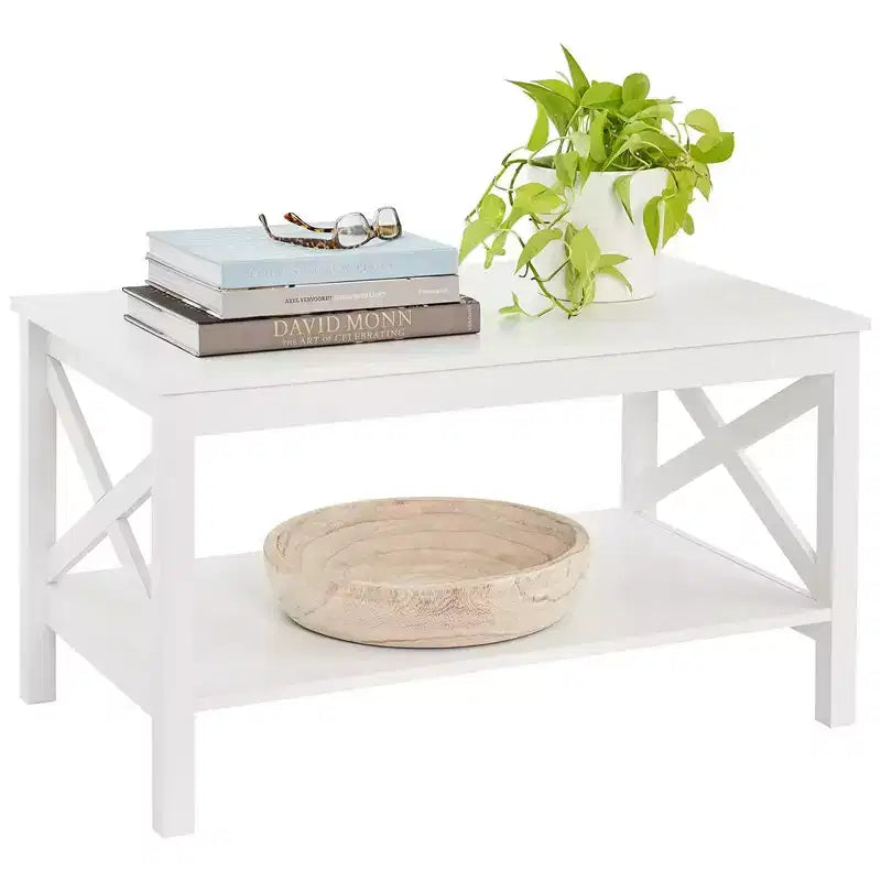 Table basse ClosetMaid design en X avec étagère de rangement pour salon, sous-sol ou bureau, blanc