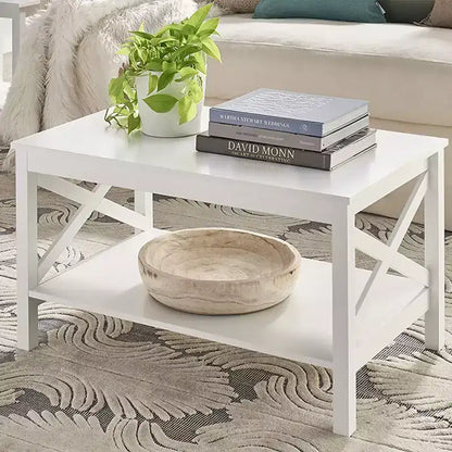 Table basse ClosetMaid design en X avec étagère de rangement pour salon, sous-sol ou bureau, blanc