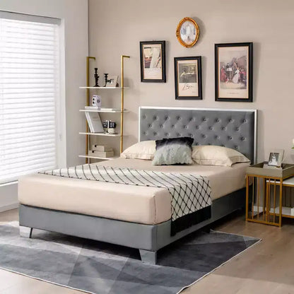 Base de lit capitonnée Costway avec tête de lit en velours touffeté à boutons