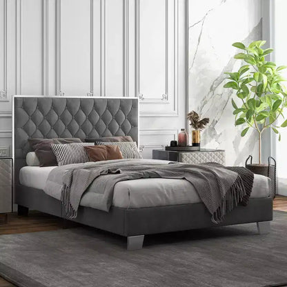 Base de lit capitonnée Costway avec tête de lit en velours touffeté à boutons