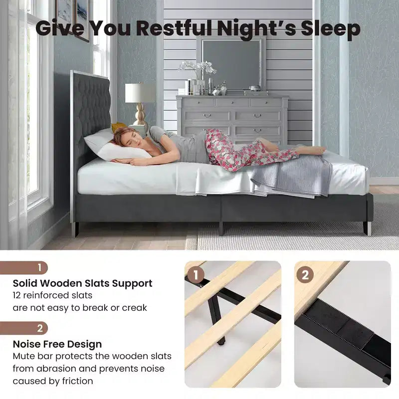 Base de lit capitonnée Costway avec tête de lit en velours touffeté à boutons