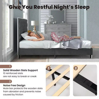 Base de lit capitonnée Costway avec tête de lit en velours touffeté à boutons