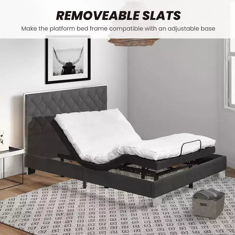 Base de lit capitonnée Costway avec tête de lit en velours touffeté à boutons