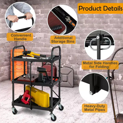 Chariot de service pliable Costway robuste à 3 niveaux avec 4 roues