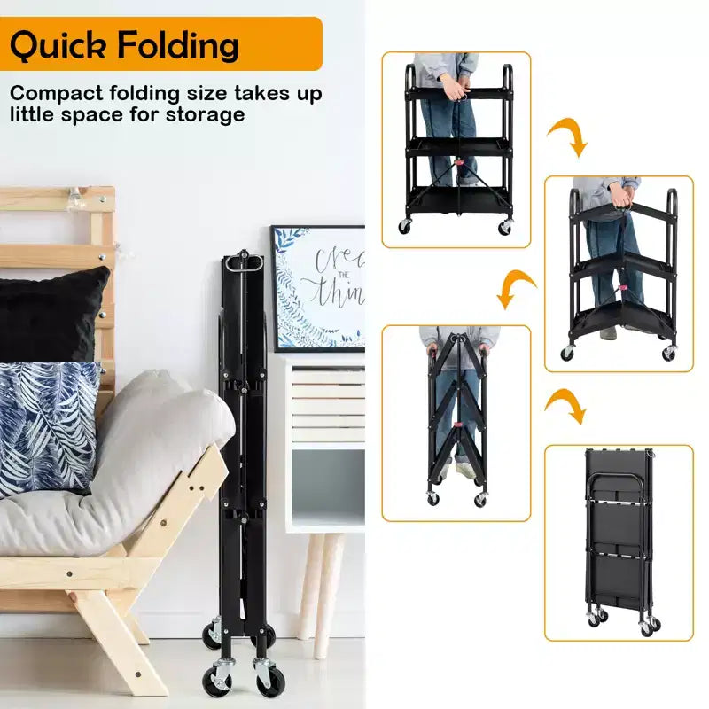 Chariot de service pliable Costway robuste à 3 niveaux avec 4 roues