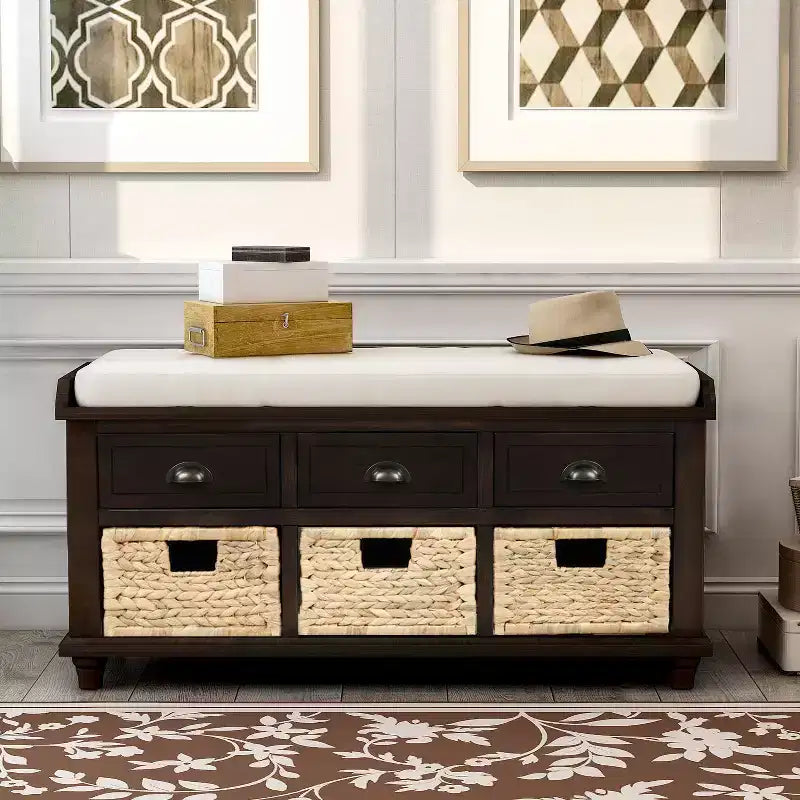 Banc de rangement rustique avec 3 tiroirs et 3 paniers en rotin-ModernLuxe