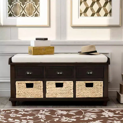 Banc de rangement rustique avec 3 tiroirs et 3 paniers en rotin-ModernLuxe
