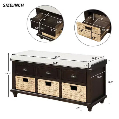 Banc de rangement rustique avec 3 tiroirs et 3 paniers en rotin-ModernLuxe