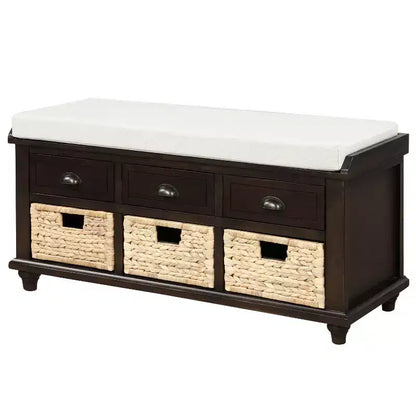 Banc de rangement rustique avec 3 tiroirs et 3 paniers en rotin-ModernLuxe