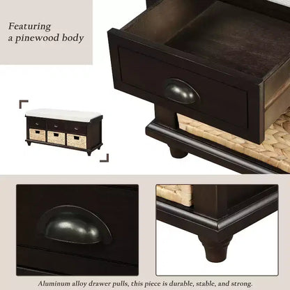 Banc de rangement rustique avec 3 tiroirs et 3 paniers en rotin-ModernLuxe
