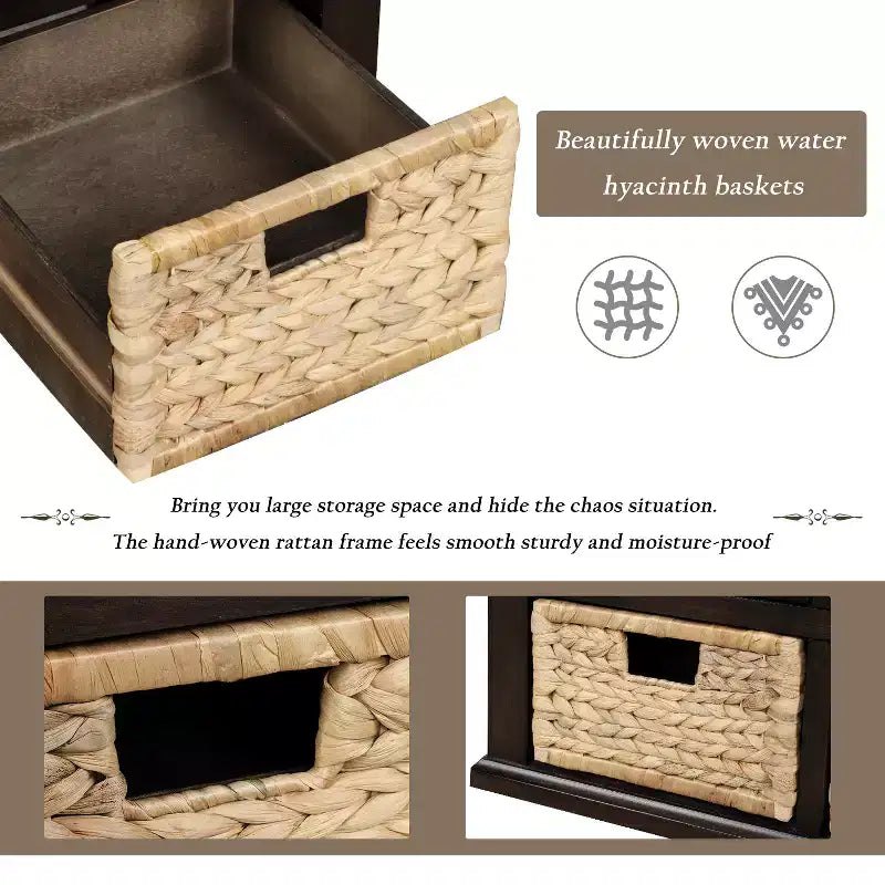 Banc de rangement rustique avec 3 tiroirs et 3 paniers en rotin-ModernLuxe