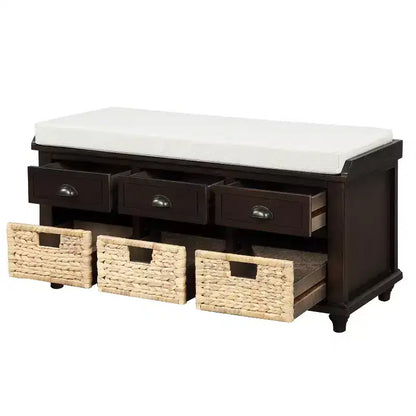 Banc de rangement rustique avec 3 tiroirs et 3 paniers en rotin-ModernLuxe